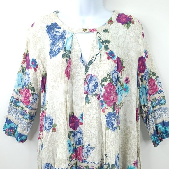Jodifl Floral Tunic Top Flowy Size S Lightweight 3/4 Sleeve Pockets Peasant Blue - Picture 13 of 14